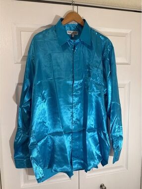 Daniel Ellissa New York Men's Satin Dress Shirt Size 17.5 36/37 Turquoise Blue